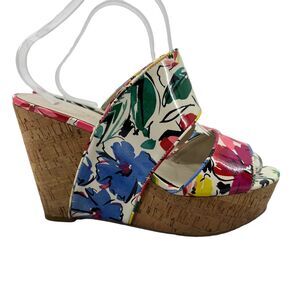 Nine West Larysa Platform Wedge Sandal Womens 9.5 M White Multi Floral Slip On